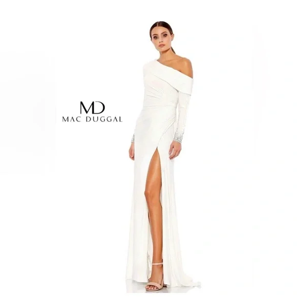 Mac Duggal 12231 Elegant White Off-Shoulder Evening Gown NWT - Picture 4 of 8